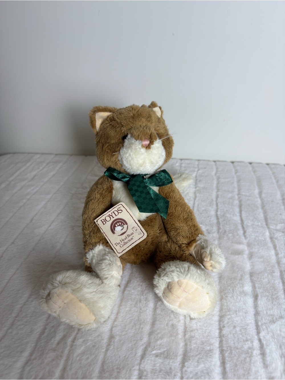 Boyds Bears Brown & Cream Plush Cat with Green Bow Tie